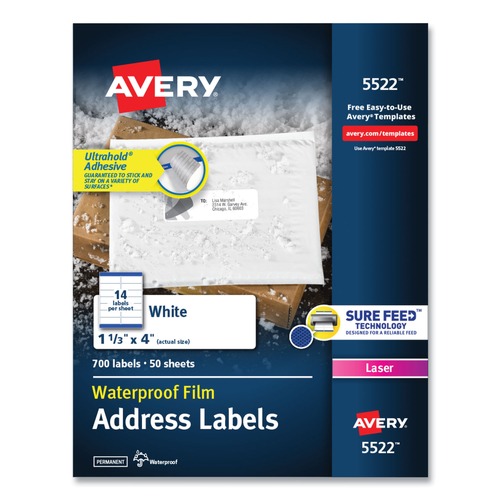 Office Jansan | Avery 05522 1.33 in. x 4 in. Waterproof Address Labels with TrueBlock and Sure Feed for Laser Printers - White (14/Sheet, 50 Sheets/Pack) image number 0