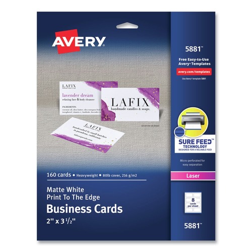 Bulk Savings Pricing 2 | Avery 05881 2 in. x 3.5 in. Print-to-the-Edge Microperf Business Cards with Sure Feed Technology for Color Laser Printers (160 Cards, 8/Sheet, 20 Sheets/Pack) image number 0