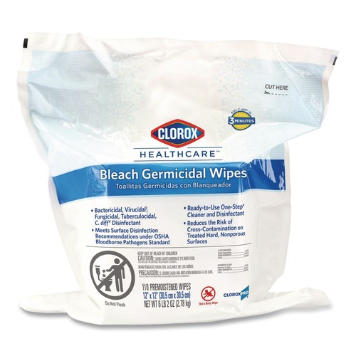 Clorox Healthcare 12 in. x 12 in. 1-Ply Bleach Germicidal Wipes - Unscented, White (110/Pouch)