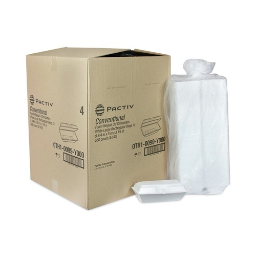 Food Trays, Containers, and Lids | Pactiv Corp. 0TH10099Y000 9.75 in. x 5 in. x 3.25 in. Foam Hinged Lid Containers - White (560/Carton) image number 0