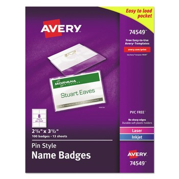 Avery 3.5 in. x 2.25 in. Top Load Pin-Style Badge Holder with Laser/Inkjet Insert - White (100/Box)