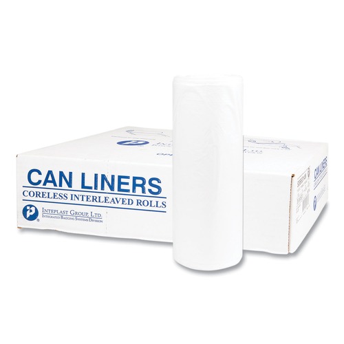 Cleaning & Janitorial Supplies | Inteplast Group S366014N 55 gal. 14 microns 36 in. x 60 in. High-Density Interleaved Commercial Can Liners - Clear (25 Bags/Roll, 8 Rolls/Carton) image number 0