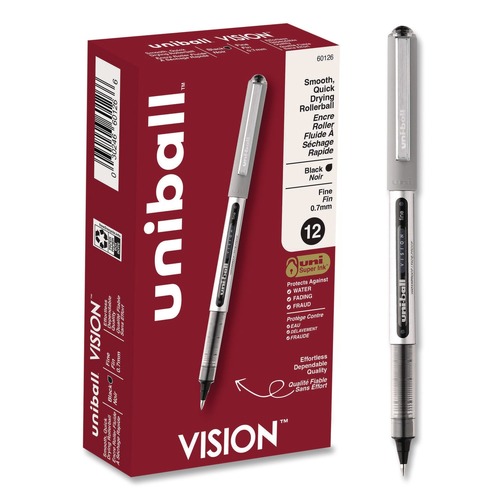 Office Jansan | uni-ball 60126 VISION Fine 0.7 mm Black Ink Roller Ball Pen Stick - Silver/Black/Clear Barrel (1 Dozen) image number 0