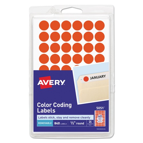 Avery 05051 0.5 in. Adhesive Color Coding Labels - Neon Red (60-Piece/Sheet, 14 Sheets/Pack) image number 0