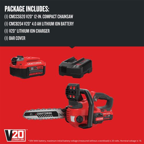 Factory Reconditioned Craftsman 20V Compact Lithium Ion 12 in. Cordless Chainsaw Kit 4 Ah