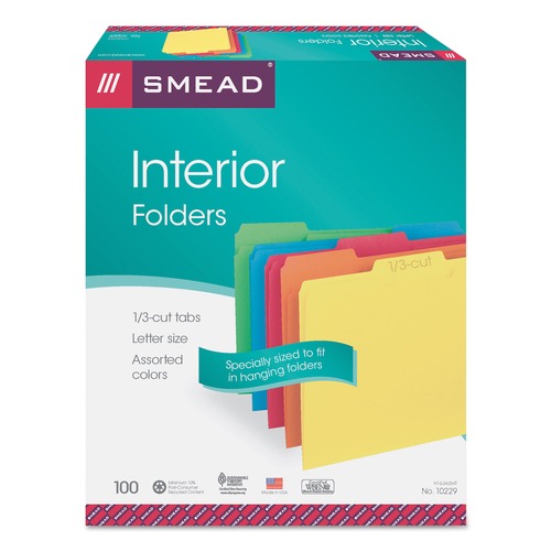 Office Jansan | Smead 10229 Interior File Folders with 1/3-Cut Tabs - Letter, Assorted (100/Box) image number 0