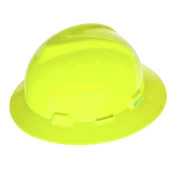 MSA V-Gard Slotted Full-Brim Hat with Fas-Trac III Suspension - Hi-Viz Yellow-Green