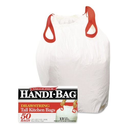 Storage Accessories | Handi-Bag 1516848 24 in. x 27.38 in. 13-Gallon Drawstring Kitchen Bags - White (50/Box) image number 0