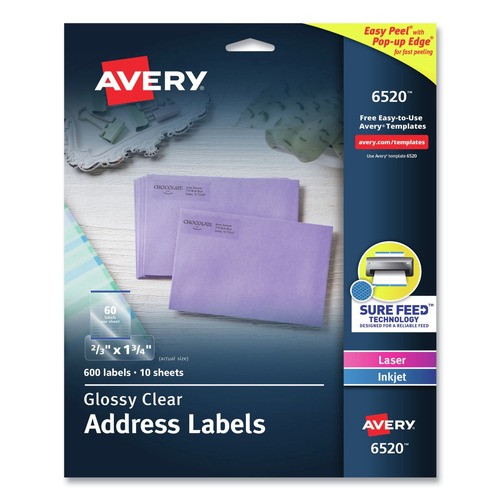 Office Jansan | Avery 06520 Easy Peel 0.66 in. x 1.75 in. Mailing Labels with Sure Feed Technology - Glossy Clear (60/Sheet, 10 Sheets/Pack) image number 0