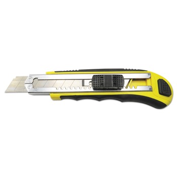BOX CUTTERS AND UTILITY KNIVES | Boardwalk BWKUKNIFE25 Rubber-Gripped Straight-Edged Snap Blade Retractable Knife - Black/Yellow