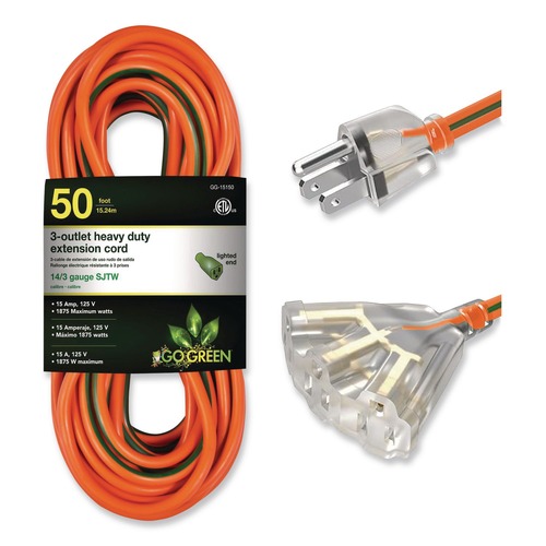 Office Electronics & Batteries | GoGreen Power GG-15150 50 ft. 15 Amps 14 AWG 3-Outlet Heavy Duty Extension Cord - Orange image number 0