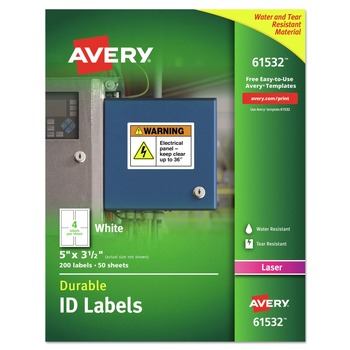 Avery 61532 Durable Laser Printer 3.5 in. x 5 in. Permanent ID Labels with TrueBlock Technology - White (4-Piece/Sheet 50-Sheet/Pack)