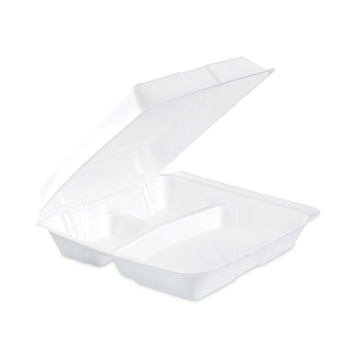 Food Service | Dart 95HT3 9.3 in. x 9.5 in. x 3 in. 3 Compartments Insulated Foam Hinged Lid Containers - White (2/Carton) image number 0