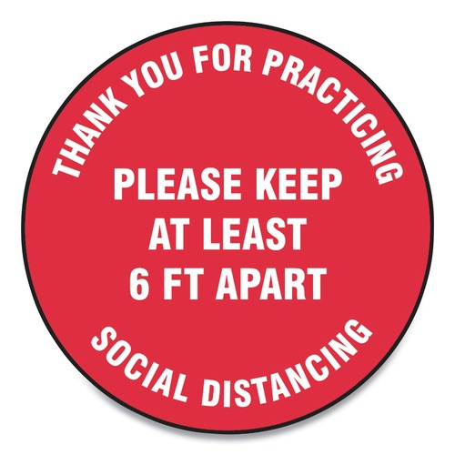 Floor Signs | GN1 MFS423ESP 17 in. Circle "Thank You For Practicing Social Distancing Please Keep At Least 6 ft. Apart" Slip-Gard Floor Signs - Red (25/Pack) image number 0