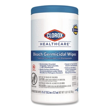 Clorox Healthcare 6 in. x 5 in. 1-Ply Bleach Germicidal Wipes - Unscented, White (150/Canister)