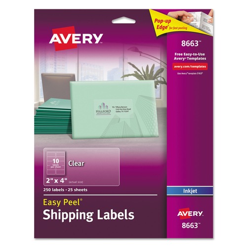 Office Jansan | Avery 08663 2 in. x 4 in. Matte Clear Easy Peel Mailing Labels with Sure Feed Technology for Inkjet Printers - Clear (10/Sheet, 25 Sheets/Pack) image number 0