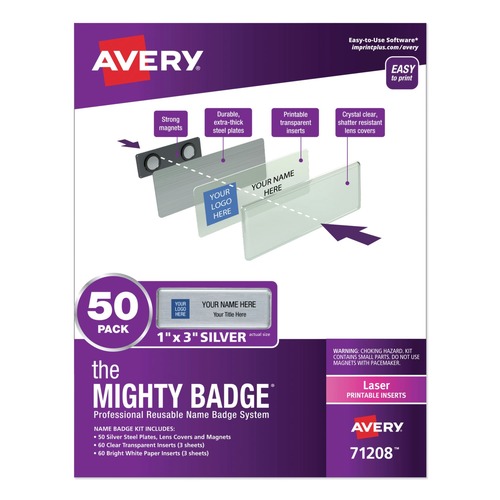  | Avery 71208 The Mighty Badge 3 in. x 1 in. Horizontal Laser Name Badge Holder Kit - Silver (50/Pack) image number 0