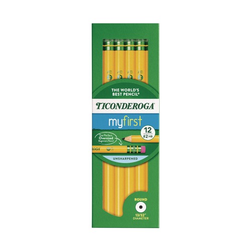Pencils | Dixon 133080002 Ticonderoga Beginners HB (#2) Woodcase Pencil with Eraser and Microban - Black Lead/Yellow Barrel (12/Pack) image number 0