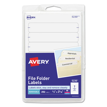 Avery 05230 Sure Feed 0.66 in. x 3.44 in. Removable File Folder Labels - White (36 Sheets/Pack, 7/Sheet)