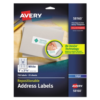Avery 1 in. x 2.63 in. Repositionable Address Labels with Sure Feed for Inkjet/Laser Printers - White (25/Box)
