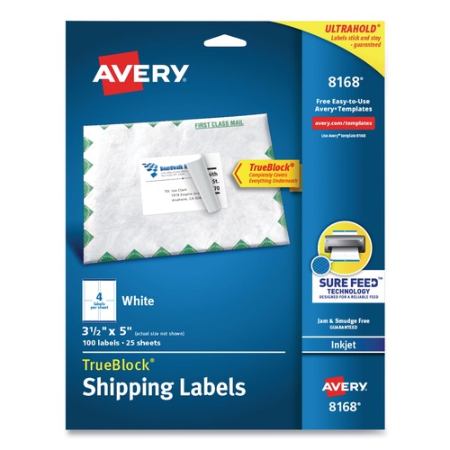  | Avery 08168 3.5 in. x 5 in. Shipping Labels with TrueBlock Technology - White (4/Sheet, 25 Sheets/Pack) image number 0