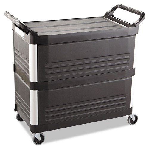  | Rubbermaid Commercial FG409300BLA 40.63 in. x 20 in. x 37.81 in. 300 lbs. Capacity 3 Shelves Plastic Xtra Utility Cart with Enclosed Sides and Back - Black image number 0