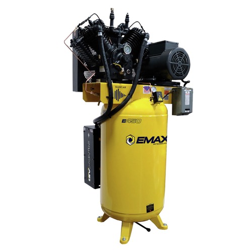 Stationary Air Compressors | EMAX ESP07V080V1 7.5 HP 80 Gallon 2-Stage Single Phase Industrial V4 Pressure Lubricated Solid Cast Iron Pump 31 CFM @ 100 PSI Plus Patented SILENT Air Compressor image number 0