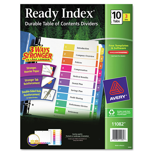 Office Jansan | Avery 11082 Ready Index 11 in. x 8.5 in. 10-Tab 1 to 10 Customizable Table of Contents Dividers with Multicolor Tabs - White (3/Pack) image number 0