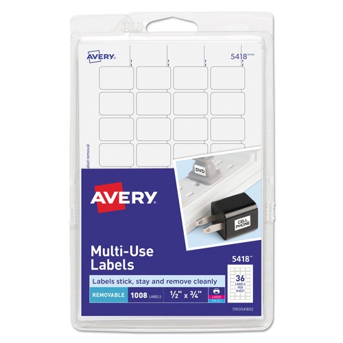  | Avery 05418 Removable 0.5 in. x 0.75 in. Multi-Use Labels for Inkjet/Laser Printers - White (36-Piece/Sheet 28-Sheets/Pack) image number 0