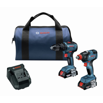 Factory Reconditioned Bosch GXL18V-240B22-RT 18V Brushless Lithium-Ion 1/2 in. Hammer Drill Driver and 1/4 in. and 1/2 in. 2-in-1 Bit/Socket Impact Driver Combo Kit with 2 Batteries (2 Ah)