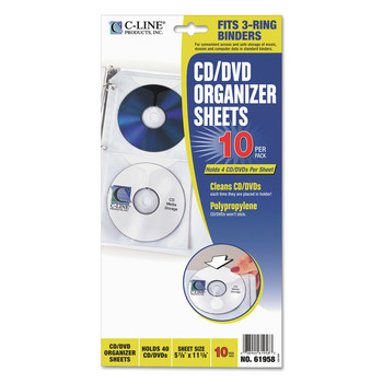 C-Line 4-Disc Capacity Deluxe CD Ring Binder Storage Pages - Clear/White (10/Pack)