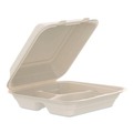 Food Trays, Containers, and Lids | Dart 90FBRHT3 9.14 in. x 9 in. x 2.98 in. 3 Compartments ProPlanet Seal Compostable Molded Fiber Hinged Trays - Natural (200/Carton) image number 1