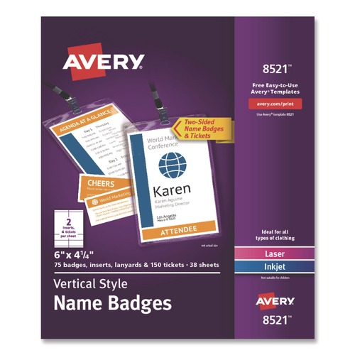  | Avery 08521 4.25 in. x 6 in. Top Load Lanyard-Style Badge Holder with Laser/Inkjet Inserts - White (75/Pack) image number 0