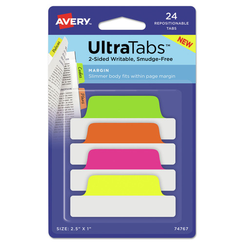 Customer Appreciation Sale - Save up to $60 off | Avery 74767 Ultra Tabs 1/5-Cut 2.5 in. Repositionable Margin Tabs - Assorted Neon Colors (24/Pack) image number 0
