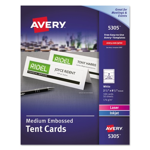 Office Jansan | Avery 05305 2.5 in. x 8.5 in. Medium Embossed Tent Cards - White (100/Box) image number 0