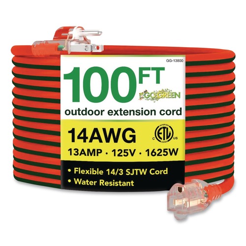 Office Electronics & Batteries | GoGreen Power GG-13800 14 AWG Lighted End Heavy-Duty Extension Cord, 100 ft, 13 A, Orange/Black image number 0
