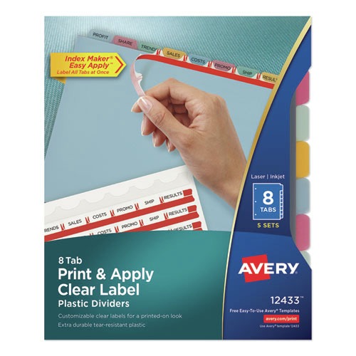 Office Jansan | Avery 12433 11 in. x 8.5 in. 8-Tab Assorted Tabs Print and Apply Index Maker Clear Label Plastic Dividers with Printable Label Strip (5 Sets/Pack) image number 0