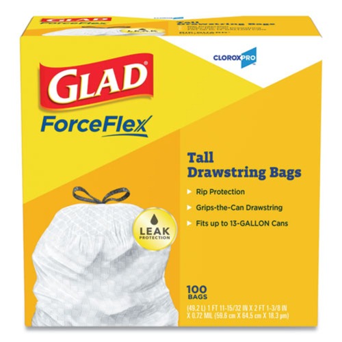 Trash Bags | Glad 78526 Tall Kitchen Drawstring Trash Bags, 13 Gal, 0.72 Mil, 24-in X 27.38-in, Gray, 100/box image number 0