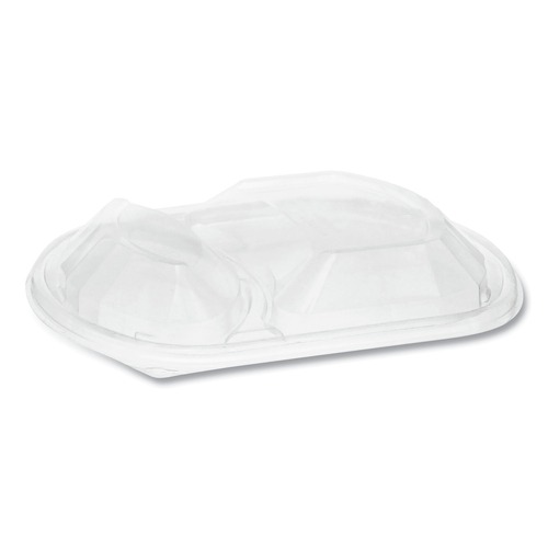 Food Service | Pactiv Corp. YCN8467H00D0 9.38 x 8 x 1.25 ClearView MealMaster 2-Compartment Dome Plastic Lid with Fog Gard Coating - Clear (252/Carton) image number 0