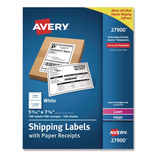 Office Jansan | Avery 27900 5.06 in. x 7.63 in. Inkjet/Laser Printers Shipping Labels with Paper Receipt Bulk Pack - White (100/Box) image number 0