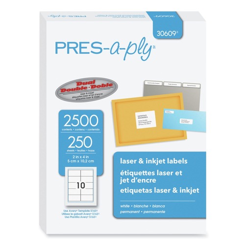  | PRES-a-ply 30609 2 in. x 4 in. Laser Printers Labels - White (10/Sheet, 250 Sheets/Box) image number 0