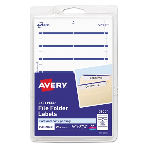 Customer Appreciation Sale - Save up to $60 off | Avery 05200 0.69 in. x 3.44 in. Easy Peel 5200 Permanent File Folder Labels - White (36 Sheets/Pack, 7/Sheet) image number 0