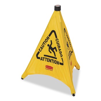 Rubbermaid Commercial 3-Sided Fabric 21 in. x 21 in. x 20 in. Multilingual "Caution" Pop-Up Safety Cone - Yellow