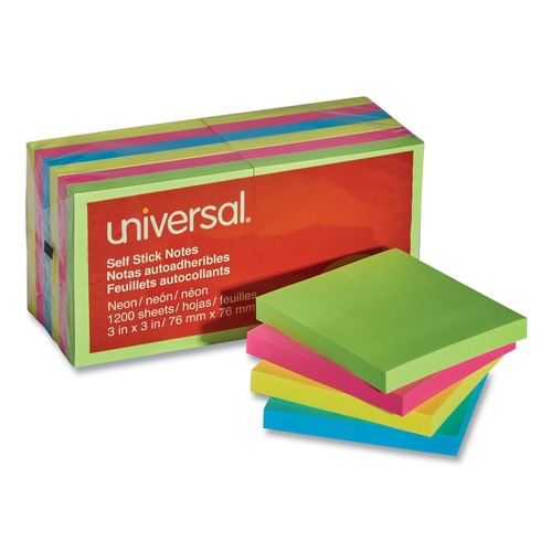 Universal UNV35612 100 Sheet 3 in. x 3 in. Self-Stick Note Pads - Assorted Neon Colors (12/Pack) image number 0