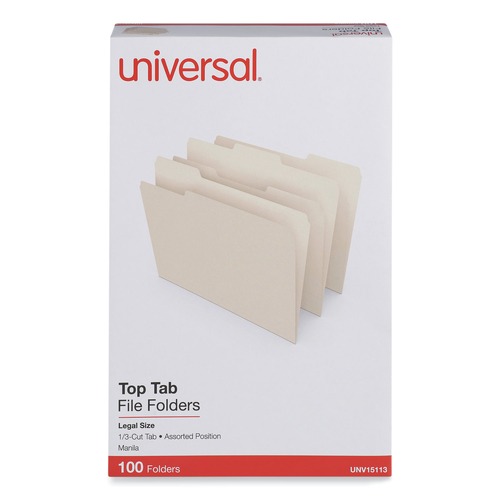 Office Jansan | Universal UNV15113EE 11-Point 1/3-Cut Top Tab Assorted-Position File Folders - Legal Size, Manila (100/Box) image number 0