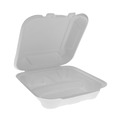 Food Trays, Containers, and Lids | Pactiv Corp. YMCH08030001 EarthChoice 7.8 in. x 7.8 in. x 2.8 in. 3 Compartment Dual-Tab Lock Bagasse Hinged Lid Container - Natural (150/Carton) image number 0