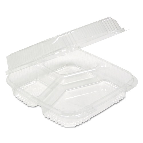 Food Trays, Containers, and Lids | Pactiv Corp. YCI811230000 Clearview 3-Compartment 5 oz. / 14 oz. Hinged Lid Food Containers - Clear (200/Carton) image number 0
