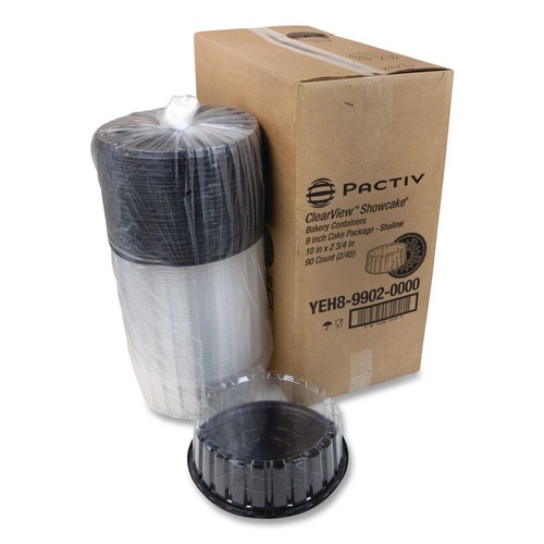 Food Trays, Containers, and Lids | Pactiv Corp. YEH899020000 10 in. x 10 in. x 3.38 in. Round ShowCake 2-Part Cake Container - Clear/Black (90/Carton) image number 0