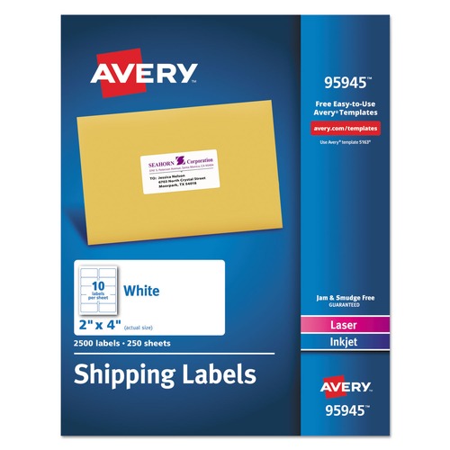 Mothers Day Sale! Save an Extra 10% off your order | Avery 95945 Inkjet/Laser Printer 2 in. x 4 in. Shipping Label Bulk Packs - White (10/Sheet, 250-Sheet/Box) image number 0