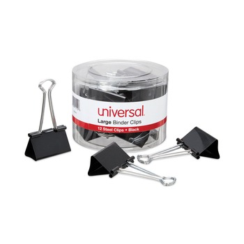 Universal UNV11112 Binder Clips in Dispenser Tub - Large, Black/Silver (12/Pack)